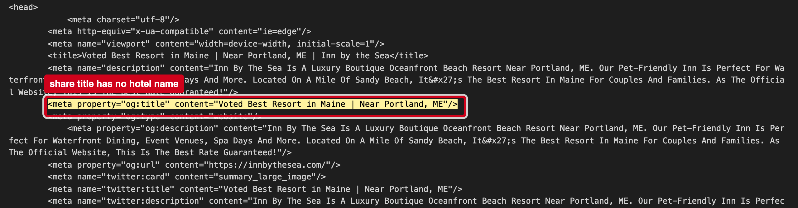 Screenshot: Shared links to your site do not say "Inn by the Sea"